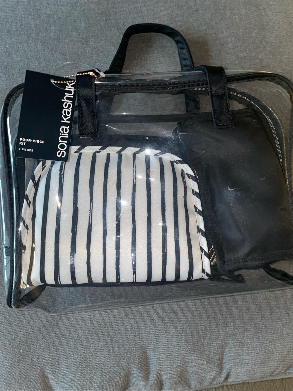 Sonia Kashuk Black Clear Tote with 3 make up totes Black bags and Striped Pouch